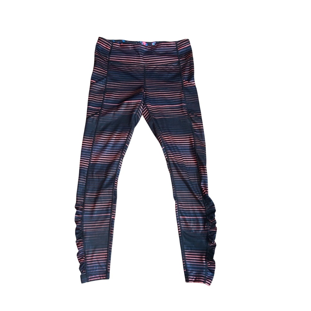Lululemon Ruffle Leggings Striped Black Pink Blue Running Tights Size 8